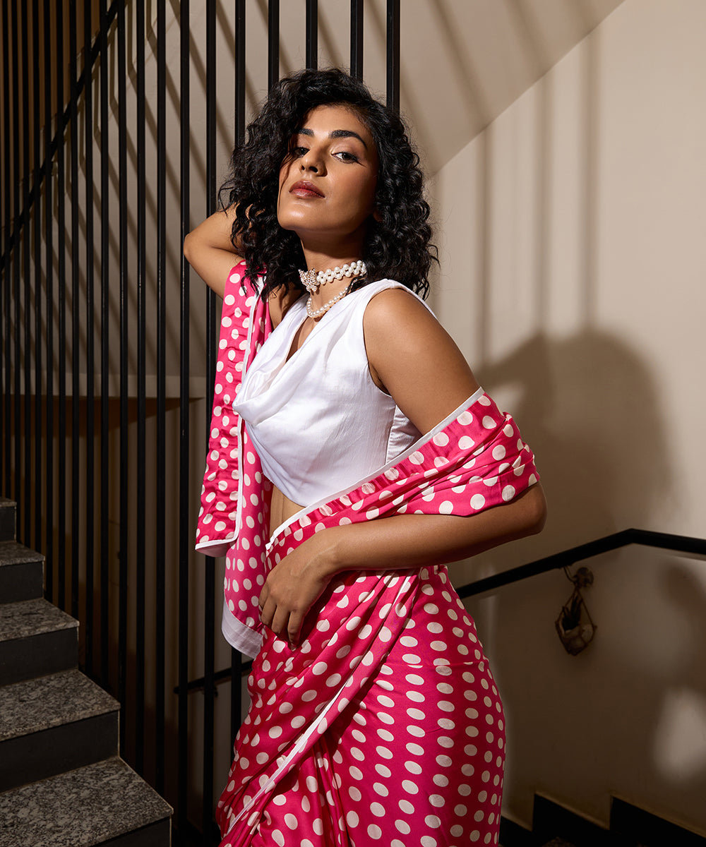 Pink_Martini_Sari_–_Polka_Dot_Satin_With_White_Piping_WeaverStory_04