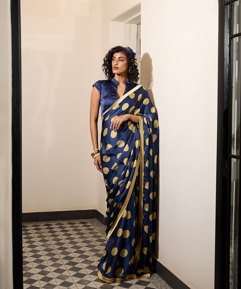Midnight_Mustard_Sari_–_Navy_Polka_Dot_Satin_WeaverStory_01