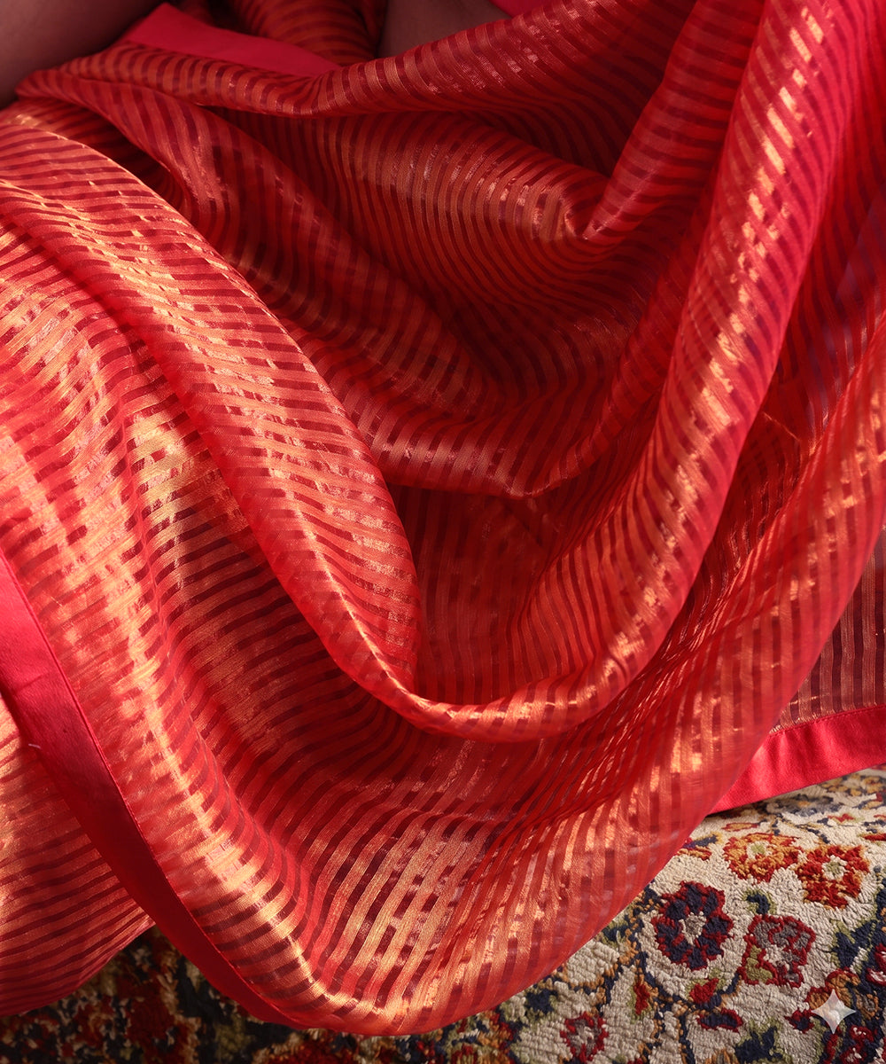 Solstice Red Striped Tissue Saree With Chanderi Finishing