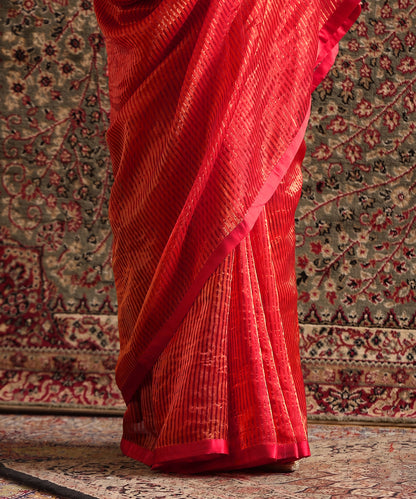 Solstice Red Striped Tissue Saree With Chanderi Finishing