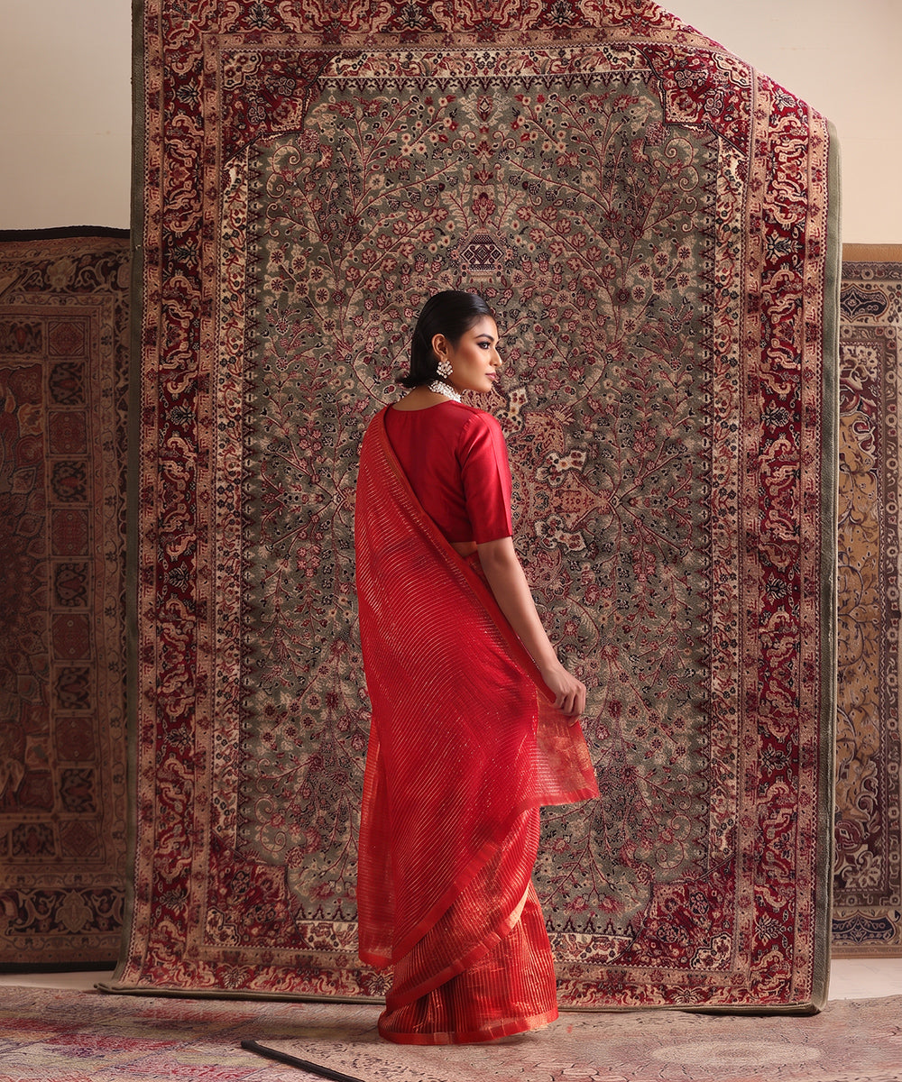 Solstice Red Striped Tissue Saree With Chanderi Finishing