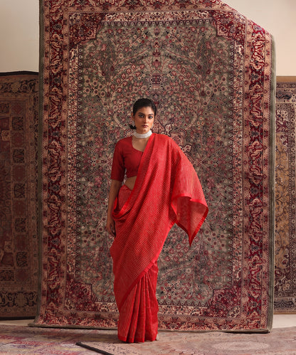 Solstice Red Striped Tissue Saree With Chanderi Finishing from Antara by WeaverStory