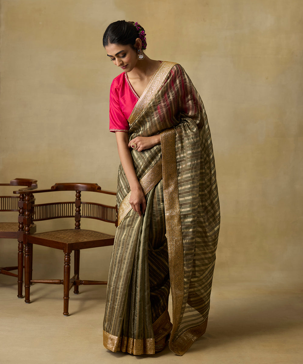 Olive_Green_Handloom_Stiped_Organza_Saree_With_Sanjab_Border_WeaverStory_01