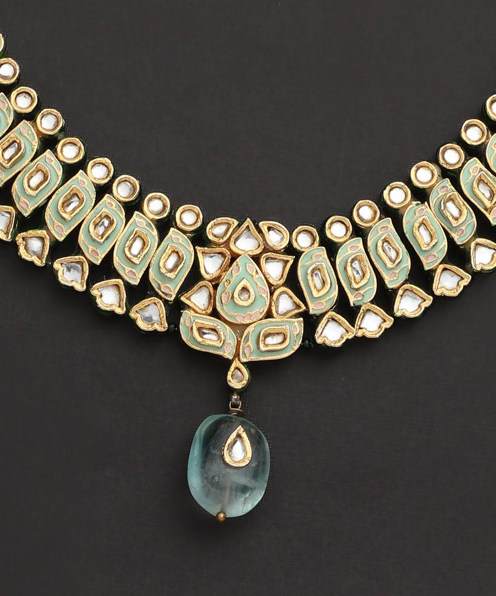 Rafah_Handcrafted_Pure_Silver_Necklace_With_Mint_Green_Meenakari_And_Fluorite_Stone_WeaverStory_03