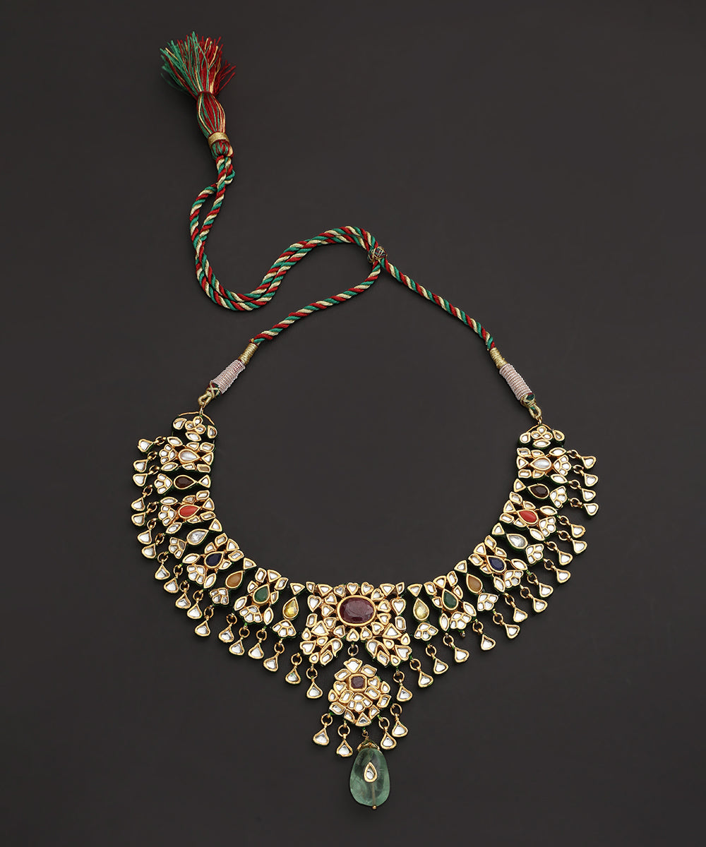 Aamnee_Handcrafted_Pure_Silver_Necklace_With_Navrattan_Stones_WeaverStory_02