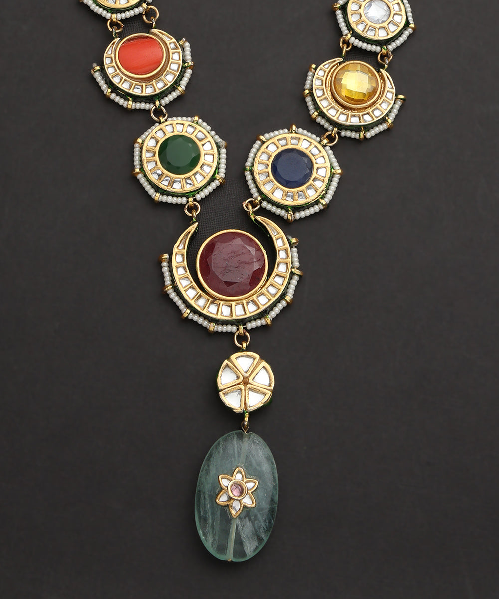 Nuriya_Pure_Silver_Handcrafted_Patra_Pendant_With_Navrattan_And_Fluorite_Stone_WeaverStory_03