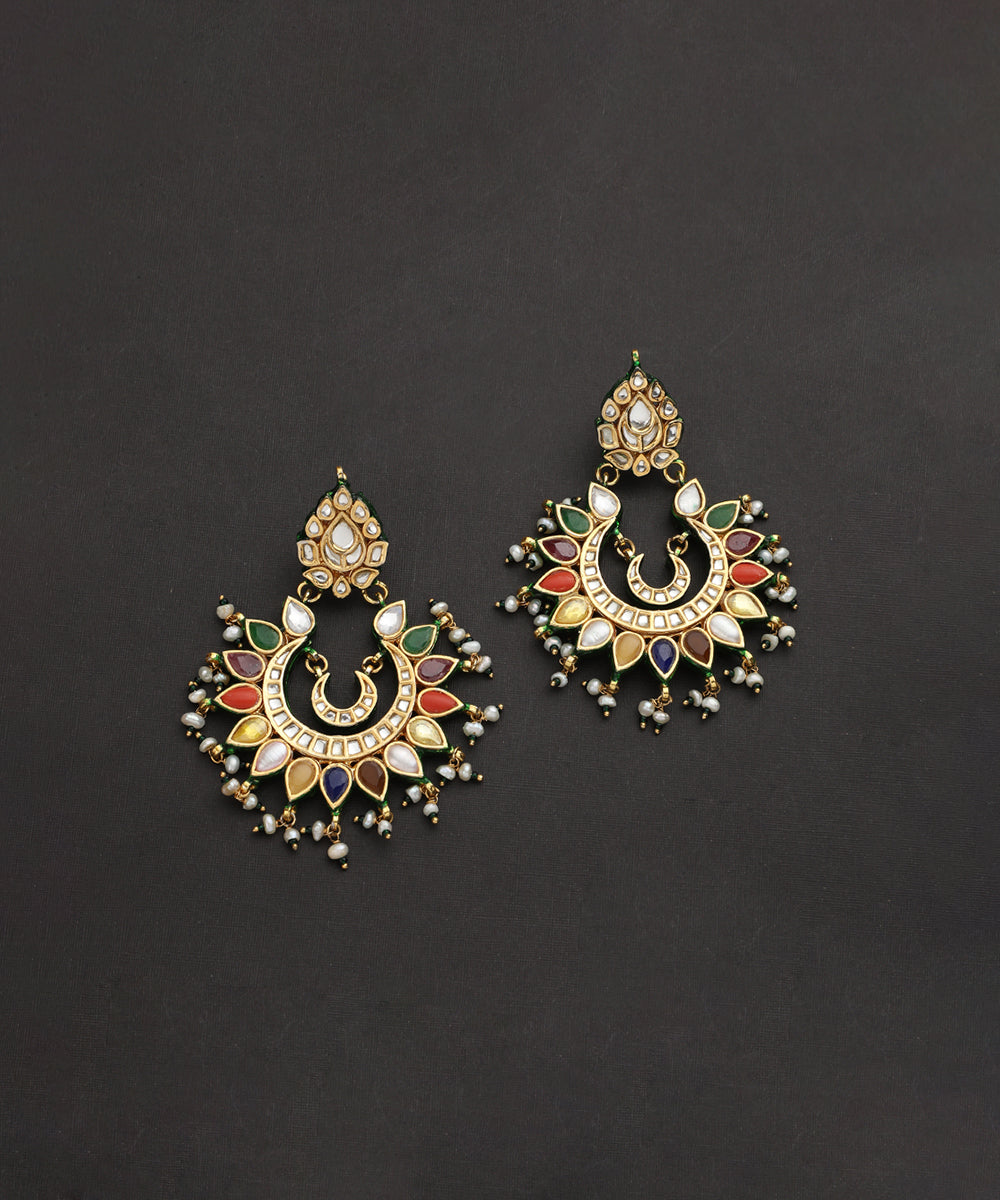 Khidrah_Handcrafted_Silver_Chandbali_Earrings_With_Real_Navrattan_Stones_WeaverStory_02