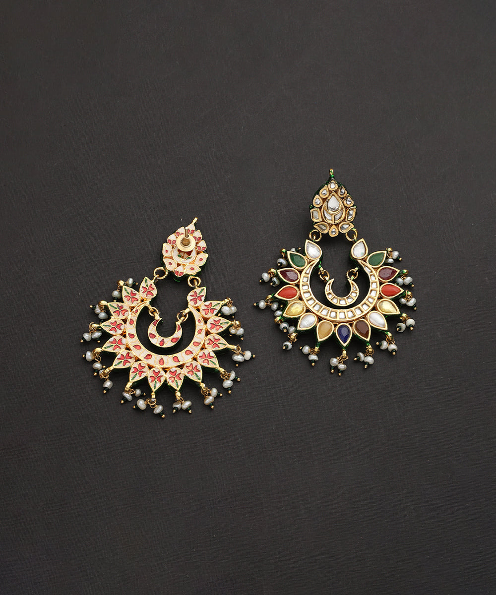 Khidrah_Handcrafted_Silver_Chandbali_Earrings_With_Real_Navrattan_Stones_WeaverStory_03