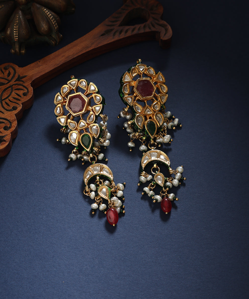 Kaida_Handcrafted_Silver_Chandbali_Earrings_With_Red_And_Green_Stones_WeaverStory_01