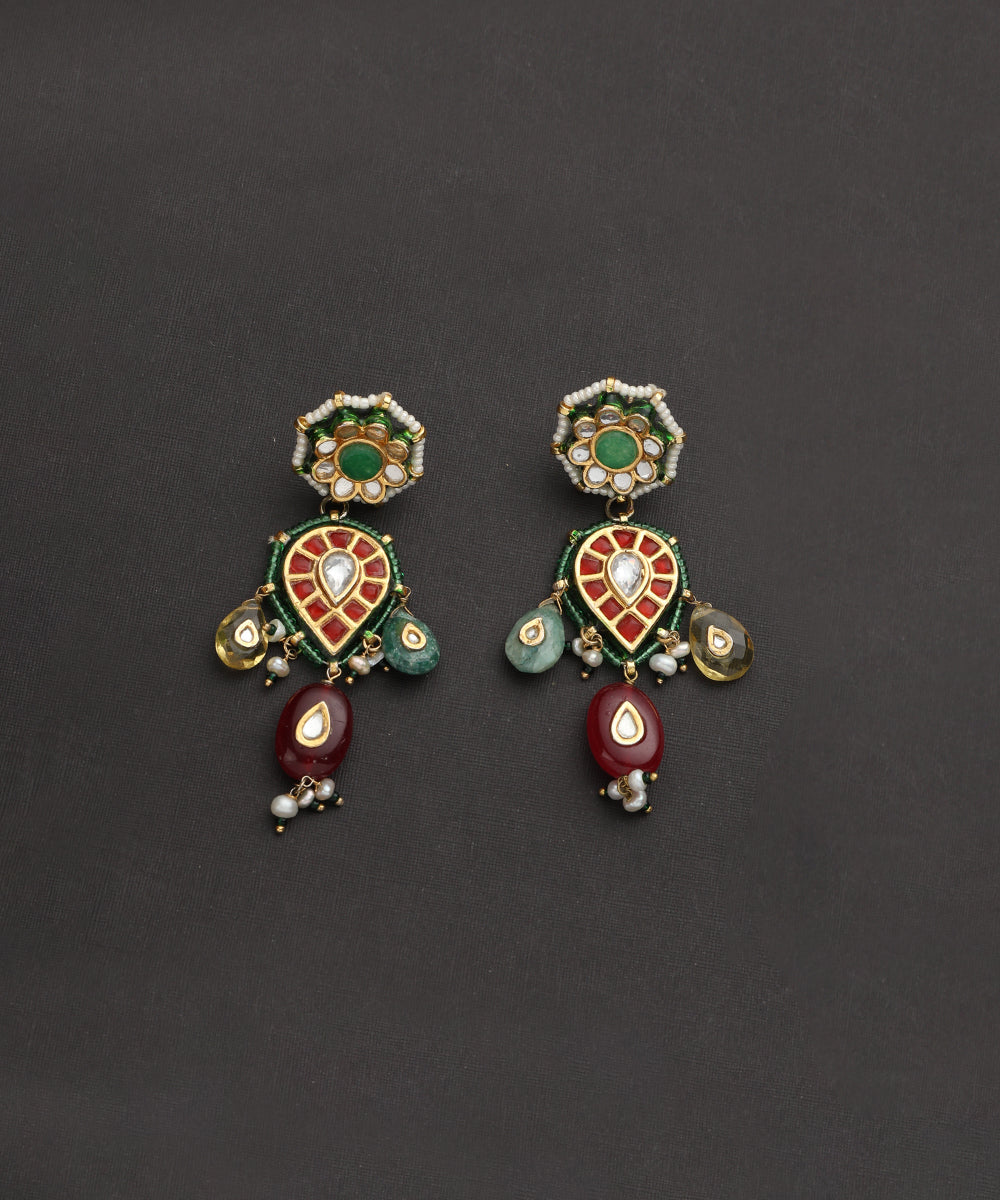 Karida_Handcrafted_Silver_Earrings_With_Red_And_Green_Semi-Precious_Stones_WeaverStory_02