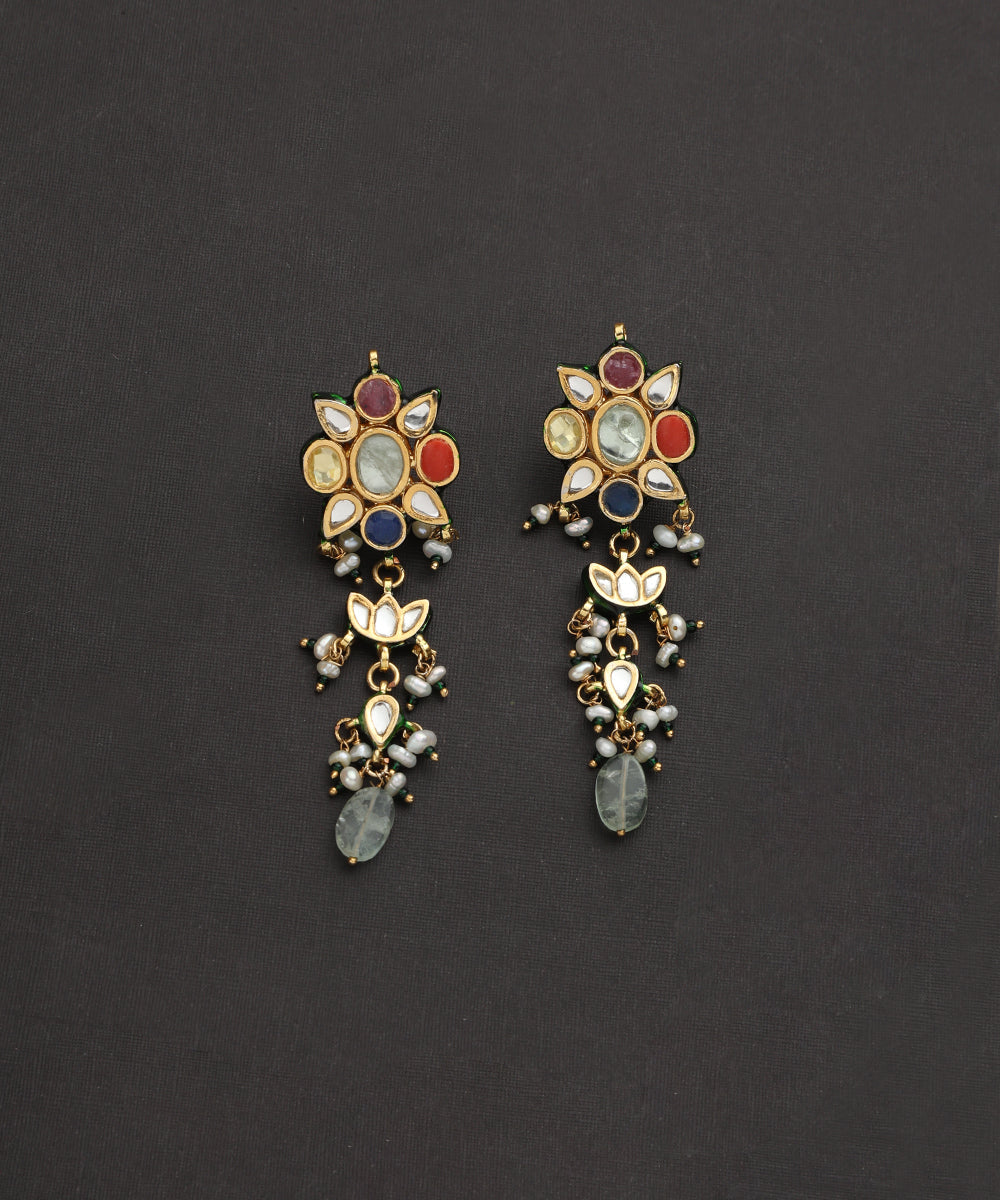 Jehaan_Handcrafted_Silver_Floral_Earrings_With_Navrattan_Stones_WeaverStory_02