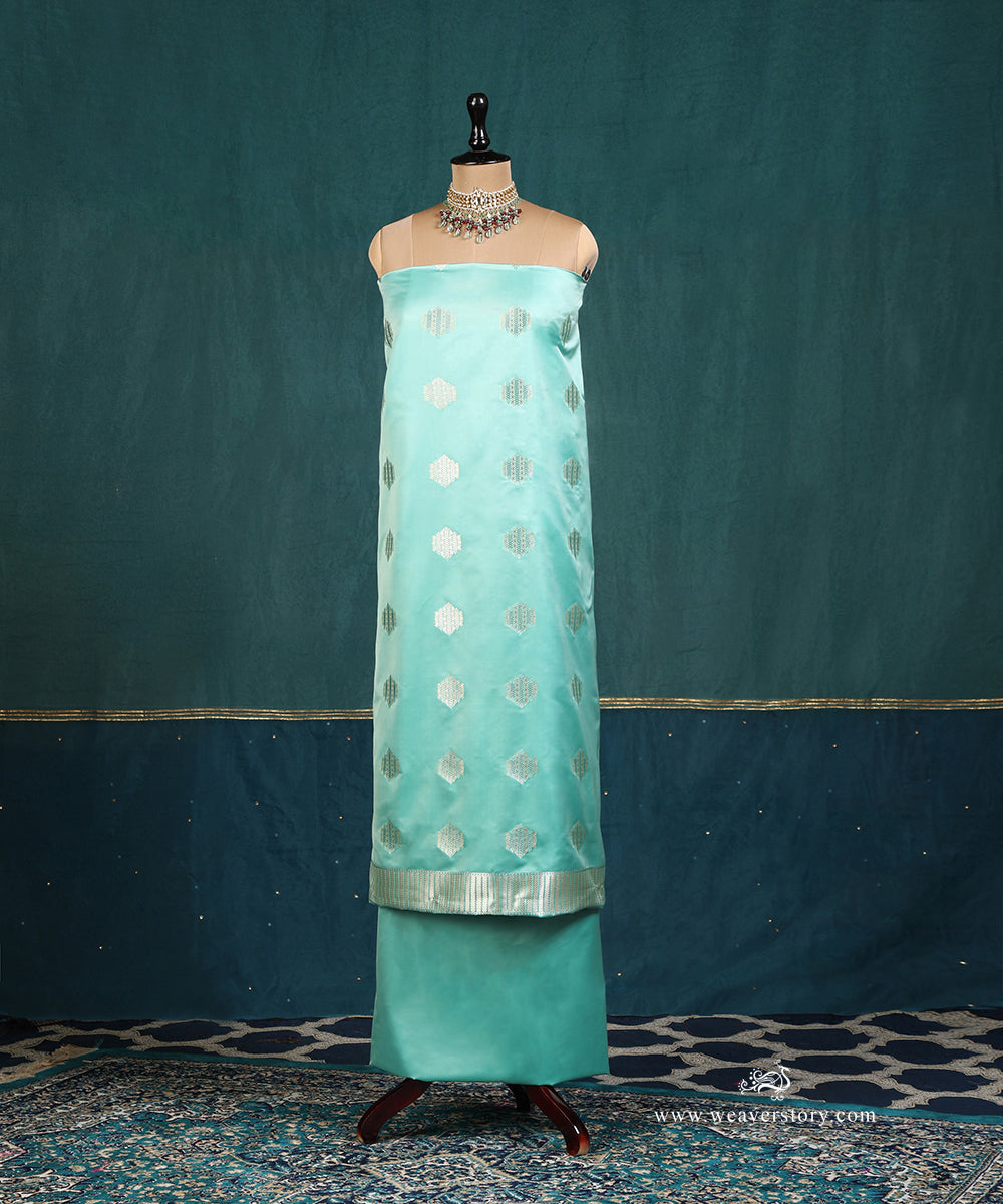 Handloom_Sea_Green_Pure_Satin_Silk_Banarasi_Suit_Set_Fabric_With_Small_Booti_WeaverStory_02