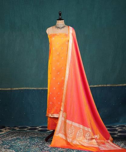 Peach_Handloom_Pure_Satin_Silk_Banarasi_Suit_Set_Fabric_With_Small_Boota_WeaverStory_01