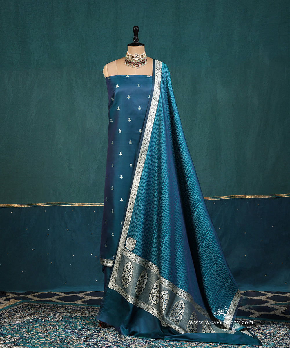 Teal_Handloom_Pure_Satin_Silk_Banarasi_Suit_Set_Fabric_With_Small_Boota_WeaverStory_01