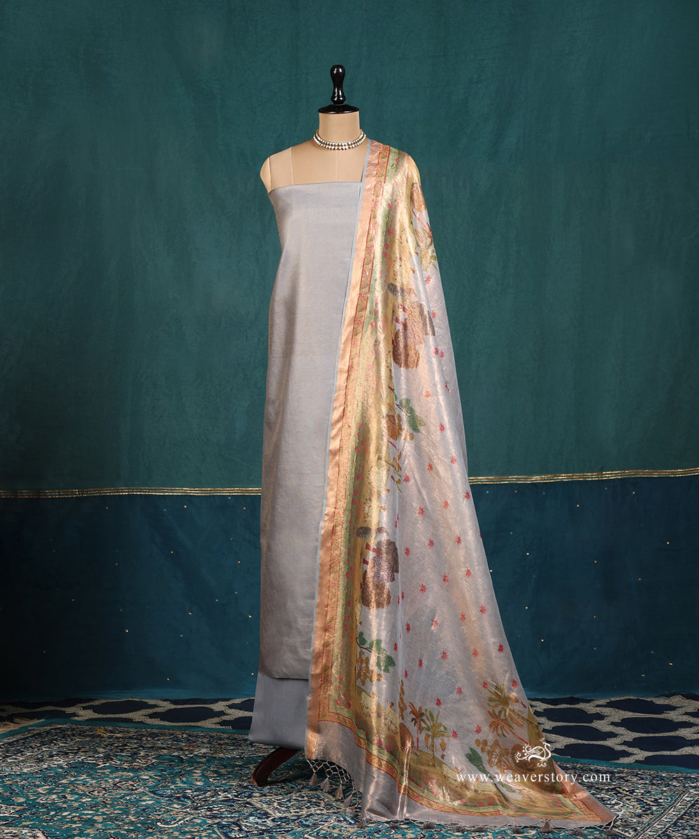 Grey_Handloom_Pure_Cotton_Tissue_Banarasi_Suit_Set_Fabric_With_Printed_ Nandi_Motif_Dupatta_WeaverStory_01