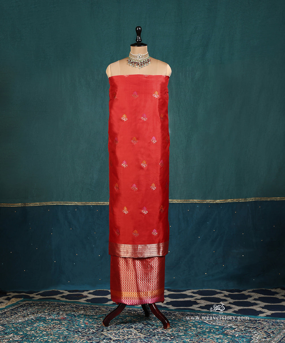 Red_Handloom_Pure_Katan_Silk_Banarasi Suit_Set_Fabric_With_Geometric_And_Strips_WeaverStory_02