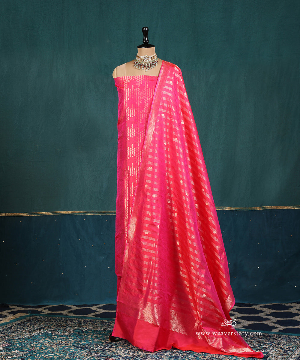 Handloom_Pink_Pure_Katan_Silk_Banarasi Suit_Set_Fabric_With_Geometric_Motif_WeaverStory_01