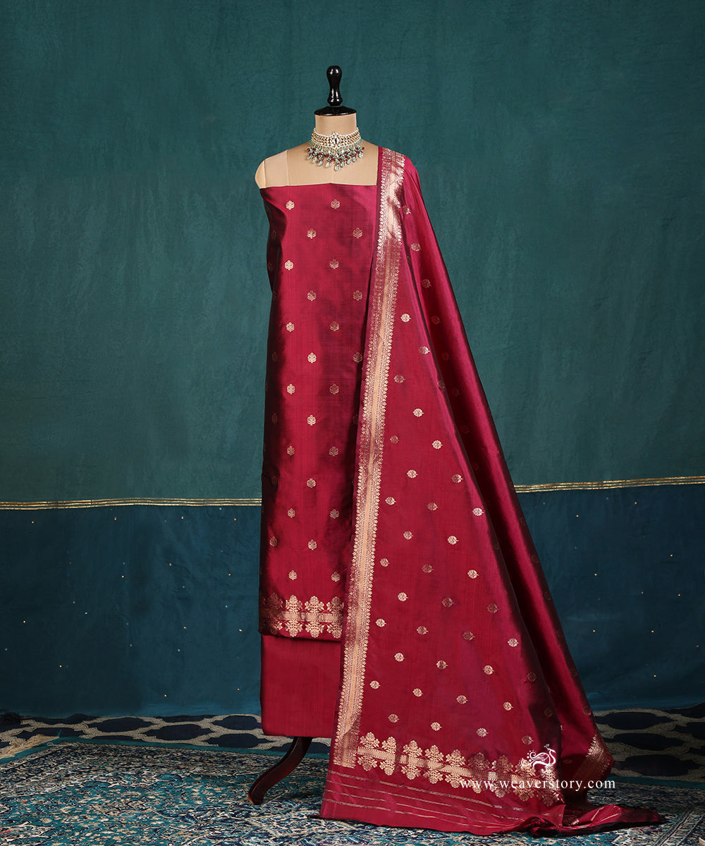 Handloom_Wine_Pure_Katan_Silk_Banarasi Suit_Set_Fabric_With_Gold_Boota_WeaverStory_01