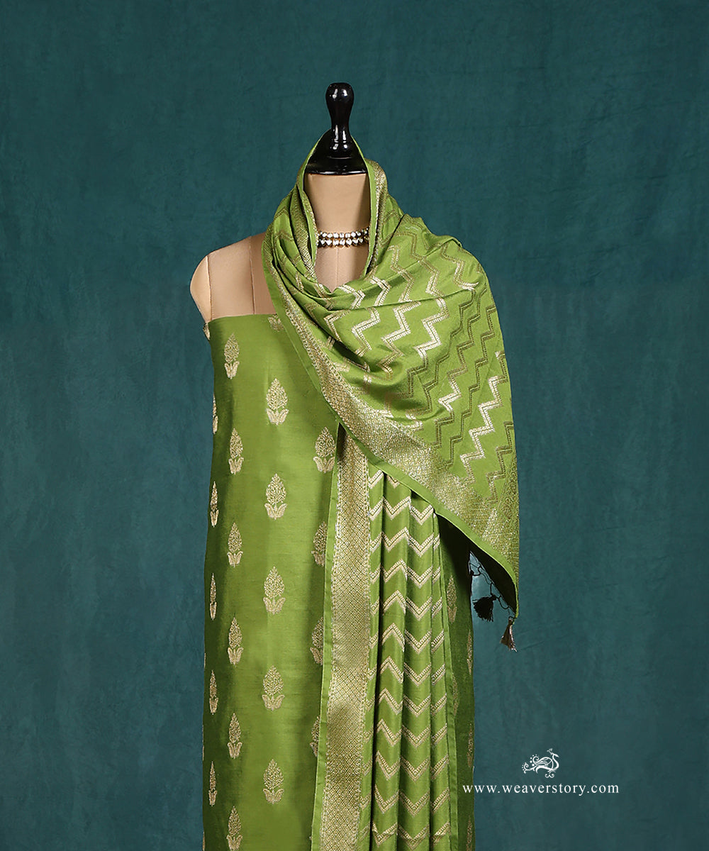 Handloom_Heena_Green_Pure_Cotton_Silk_Banarasi_Suit_Set_Fabric_With_Booti_WeaverStory_03