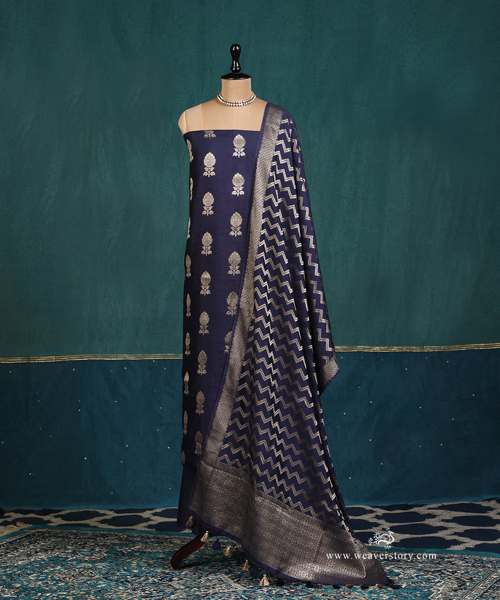 Blue_Handloom_Pure_Cotton_Silk_Banarasi_Suit_Set_Fabric_With_Floral_Boota_WeaverStory_01