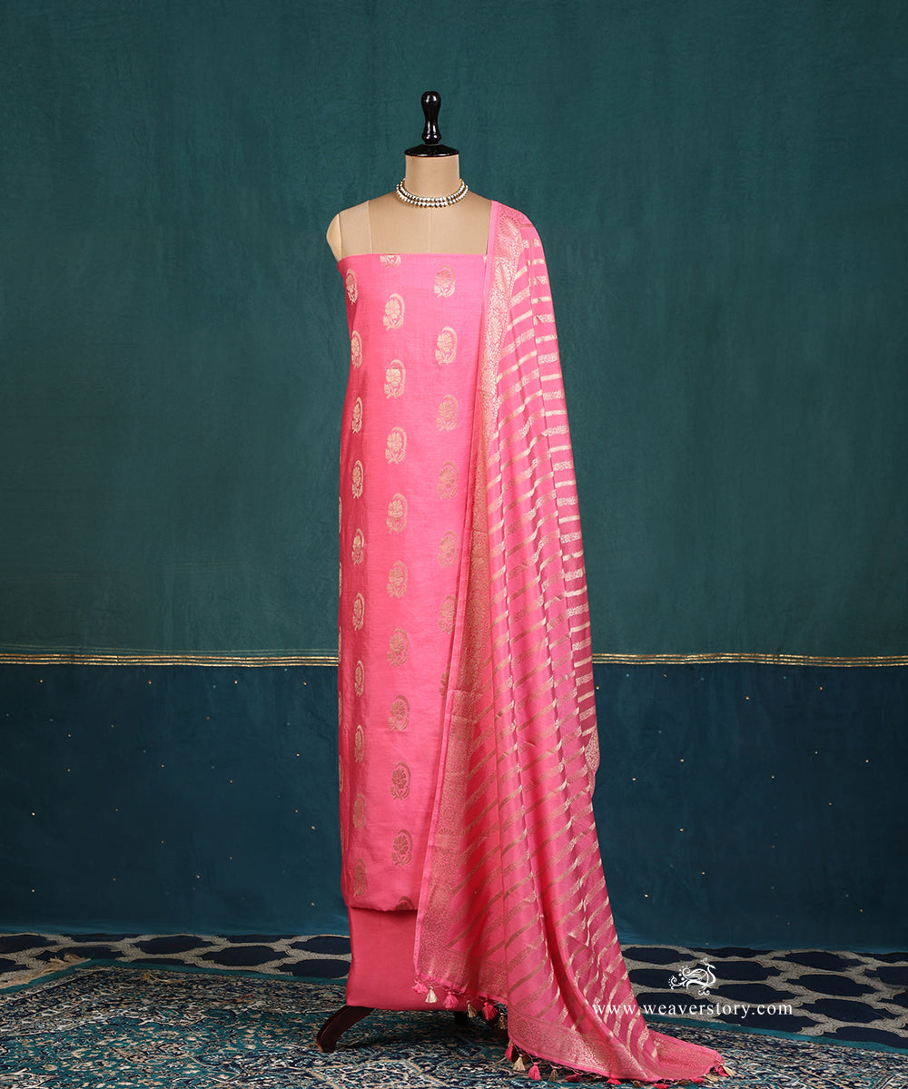 Pink_Handloom_Pure_Cotton_Silk_Banarasi_Suit_Set_Fabric_With_Diagonal_Bel_WeaverStory_01