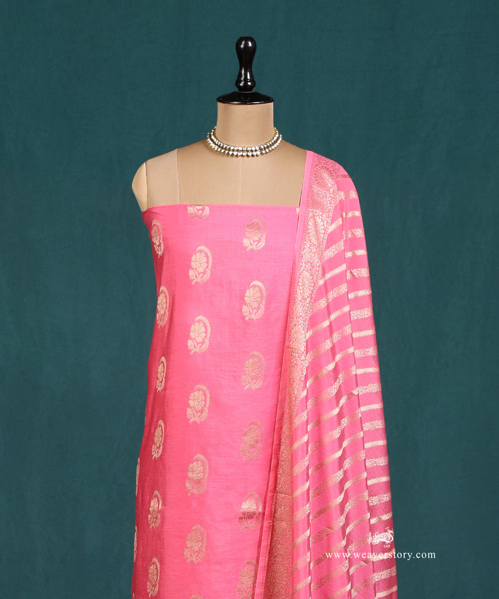 Pink_Handloom_Pure_Cotton_Silk_Banarasi_Suit_Set_Fabric_With_Diagonal_Bel_WeaverStory_03