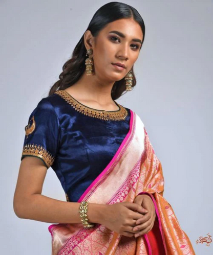 Dark Blue Gajji Silk Blouse With Marori Work Blouses/ Crop Tops