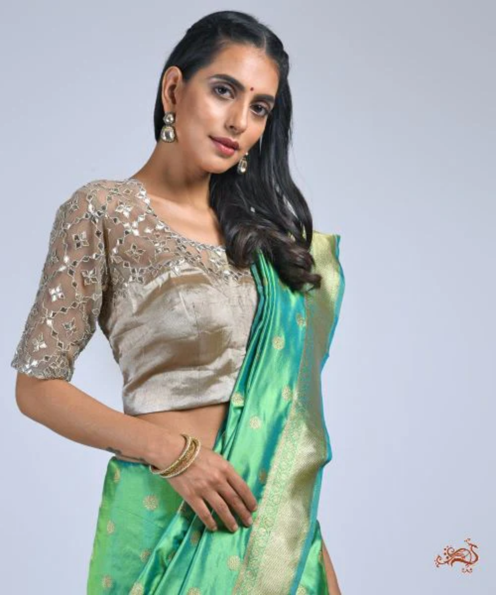 Pewter Color Banarasi Tissue Blouse With Gota Jaal Blouses/ Crop Tops