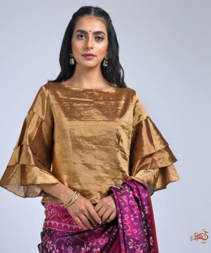 Antique Gold Banarasi Tissue Blouse With Flared Sleeves Blouses/ Crop Tops