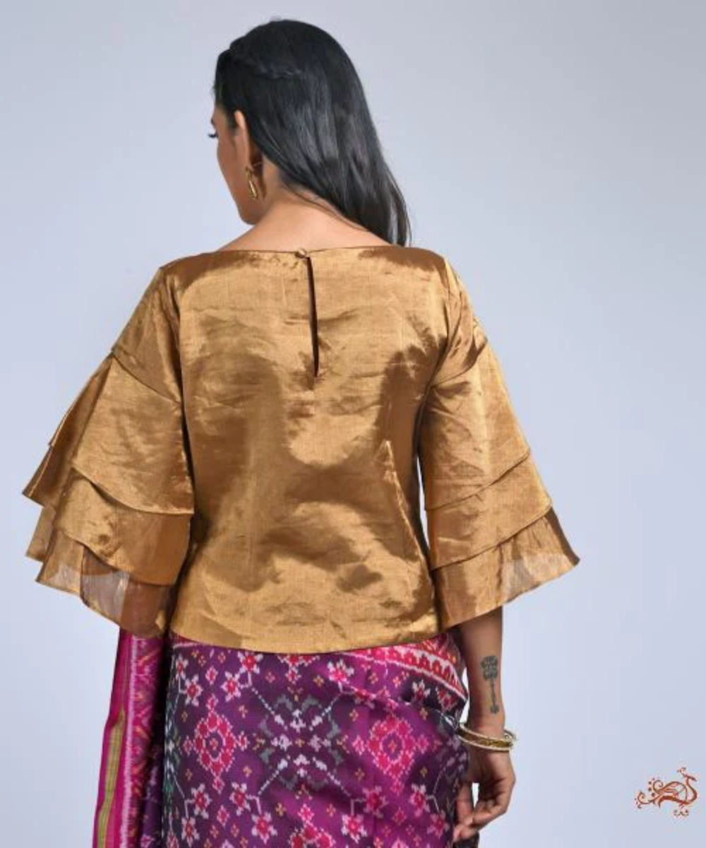 Antique Gold Banarasi Tissue Blouse With Flared Sleeves Blouses/ Crop Tops