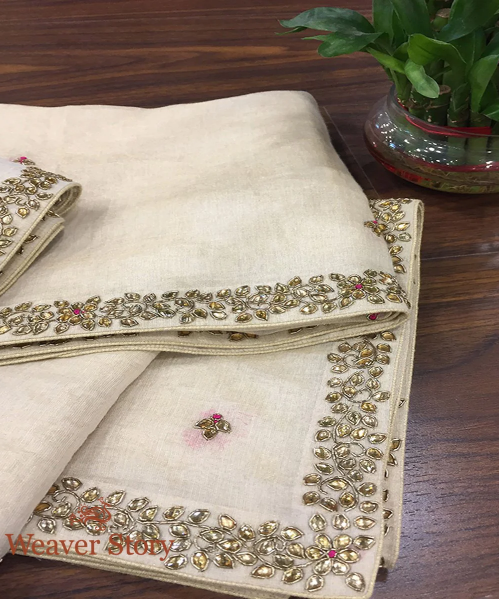 Handloom Ivory Cotton Tissue Dupatta With Kundan And Zardozi Work