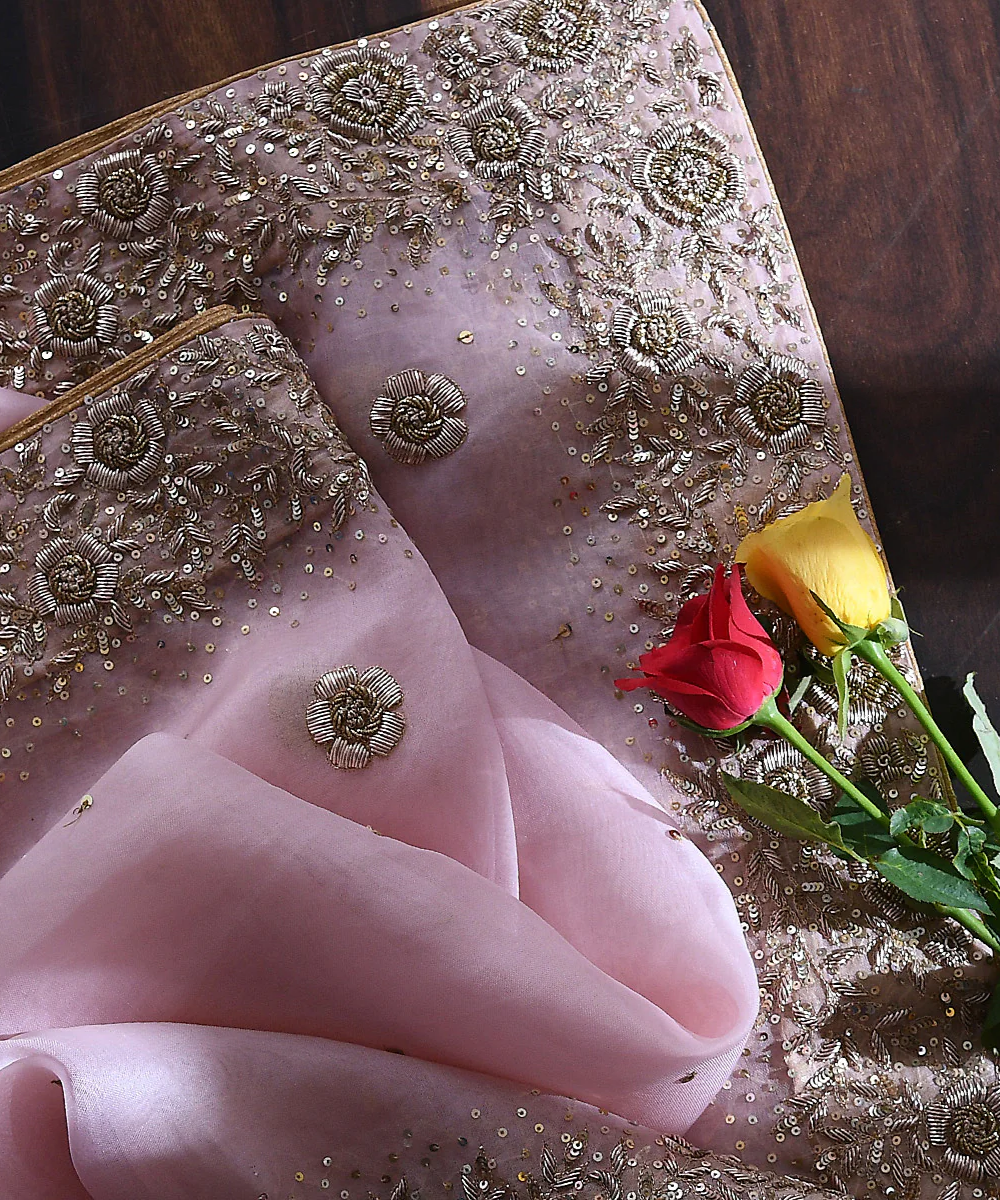 Handloom Pink Organza Dupatta With Zardozi Work