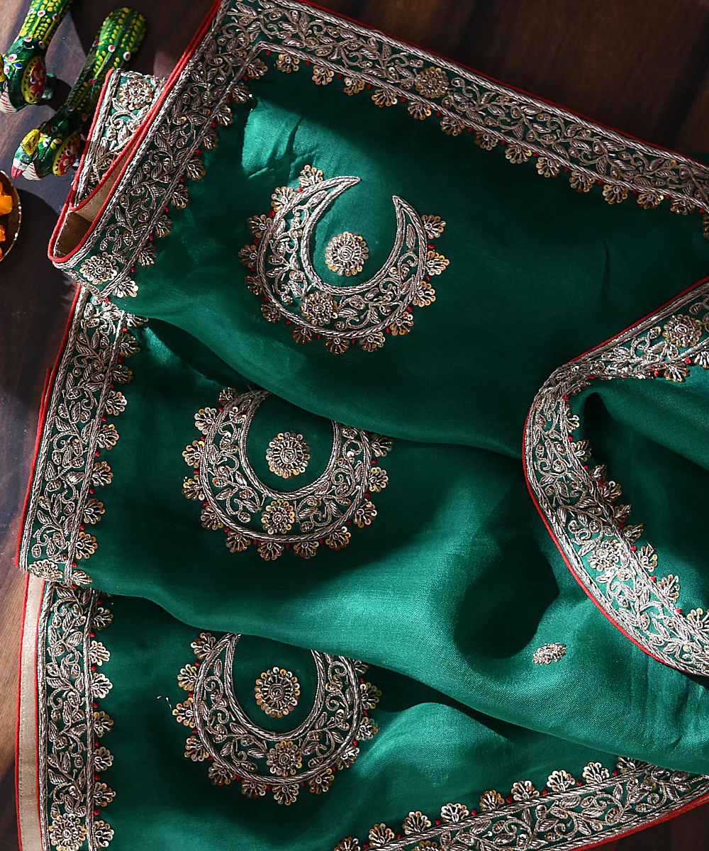 Handloom Green Chand Boota Dupatta With Zardozi Border