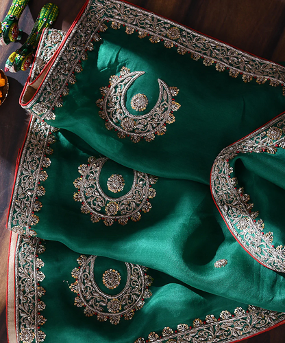 Handloom Green Chand Boota Dupatta With Zardozi Border