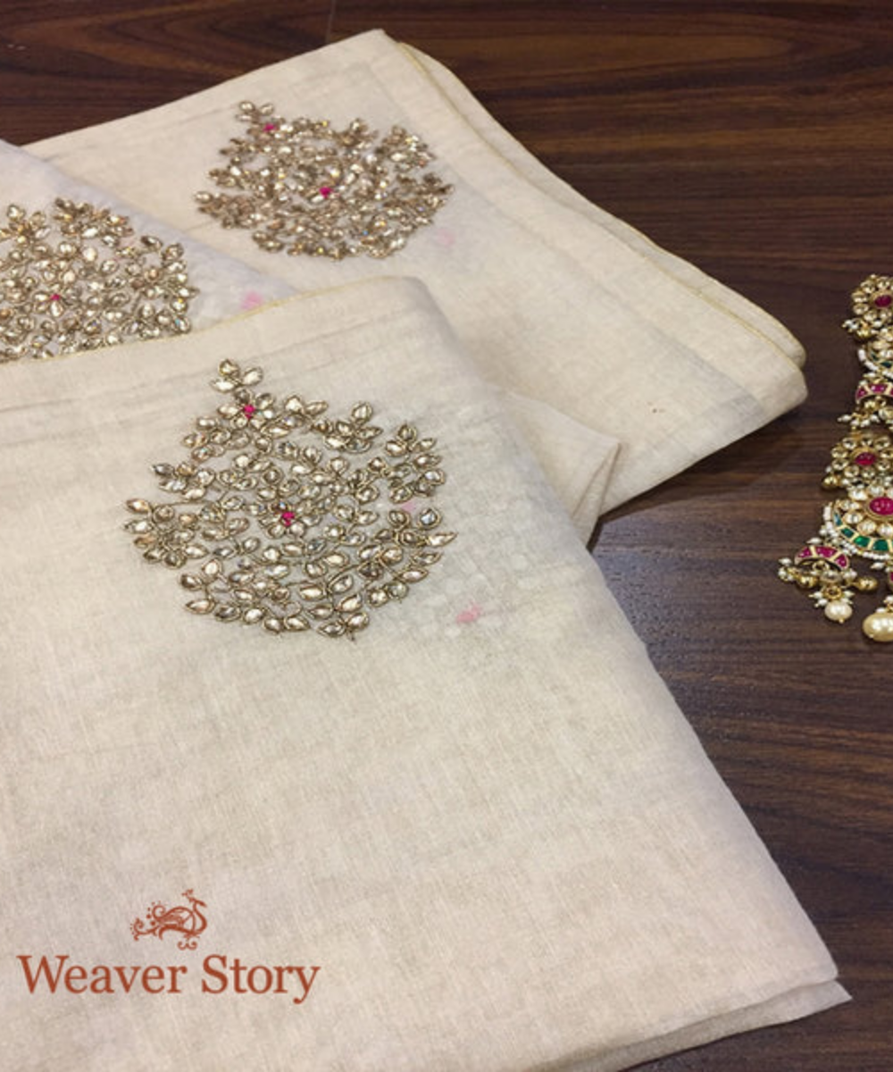 Handloom Ivory Cotton Tissue Dupatta With Zardozi And Kundan Work