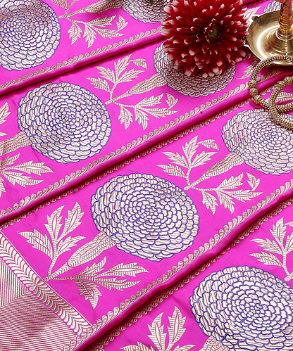 Handloom Pink Banarasi Lehenga With Meenakari Floral Motifs