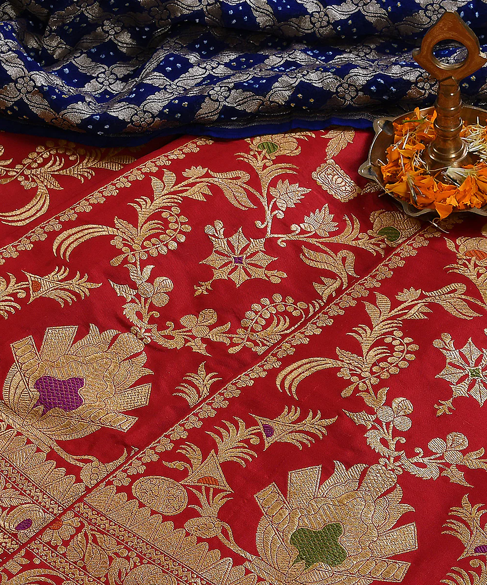 Red Handloom Silk Kadhwa Banarasi Lehenga With Meenakari