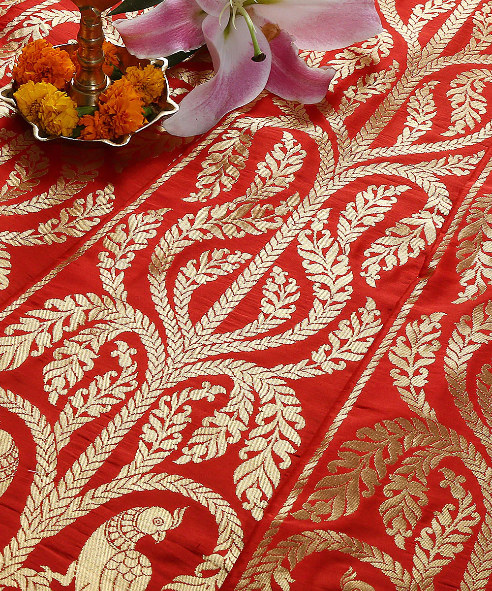 Handloom Red Cutwork Banarasi Lehenga With Parrots Motifs