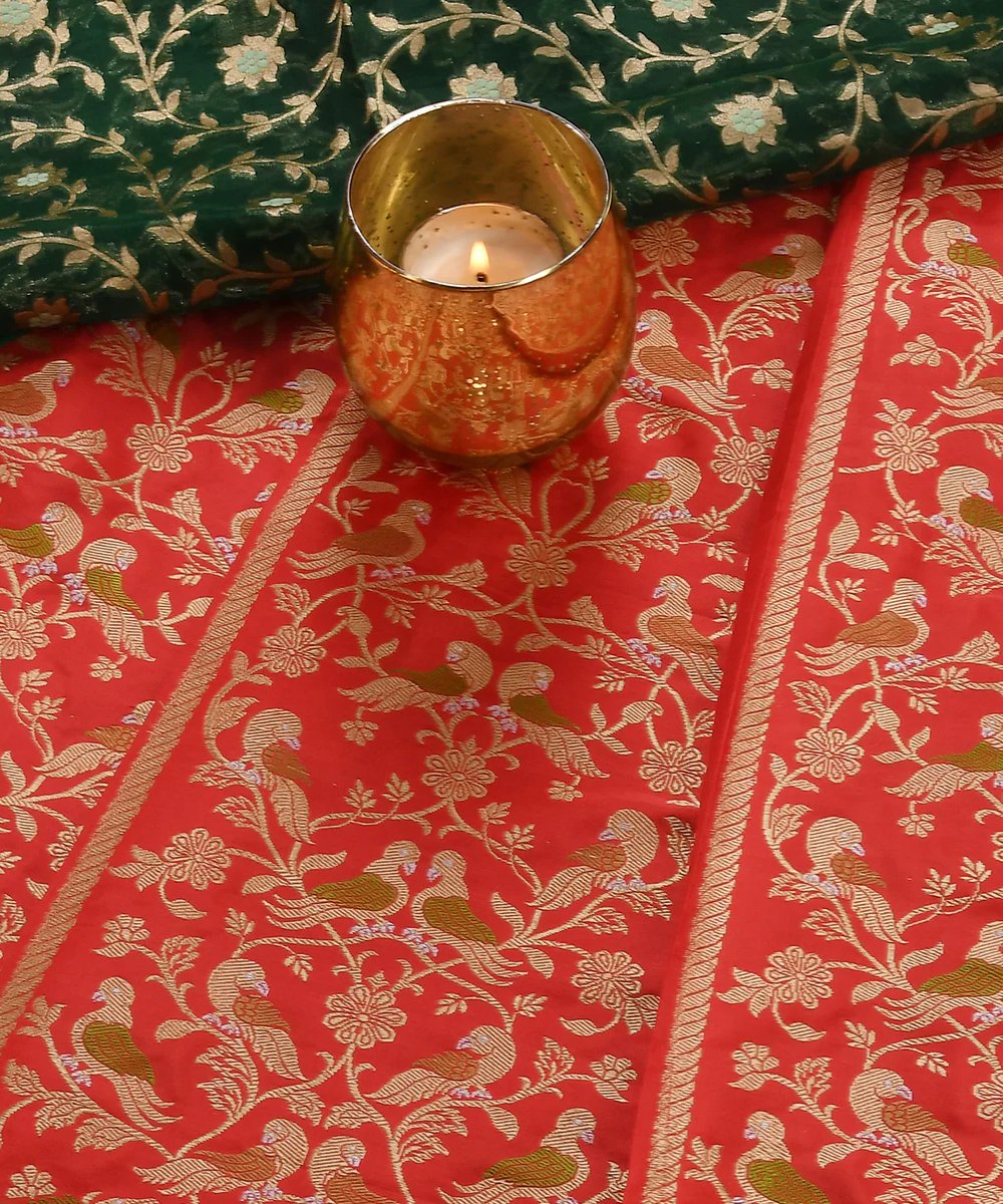 Red Handloom Kadhwa Banarasi Lehenga With Meenakari