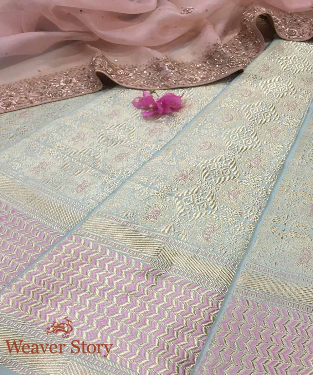 Handwoven Powder Blue Heavy Lehenga With Pink Meenakari