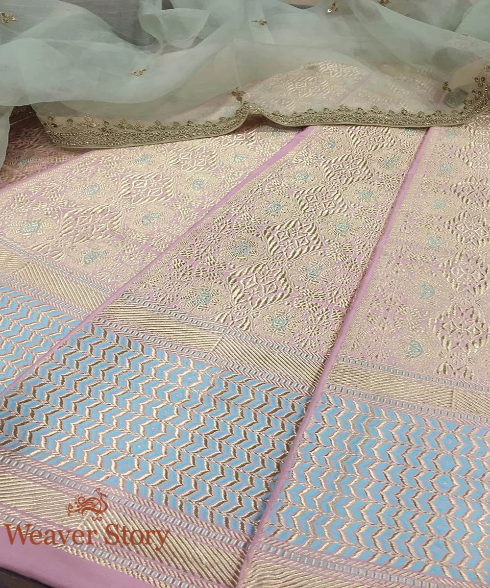 Handloom Powder Pink Heavy Meenakari Lehenga With Blue Border