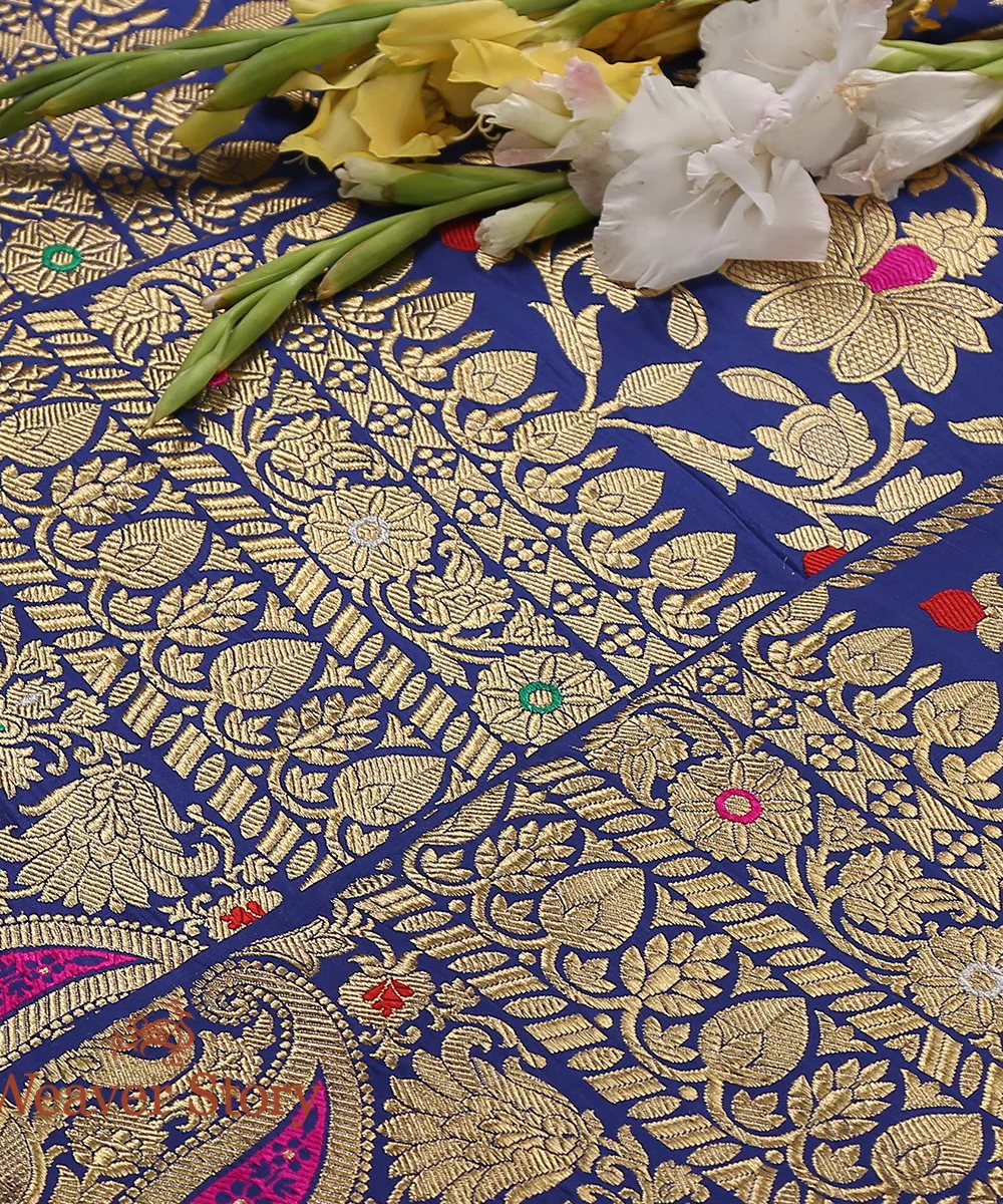 Blue Handloom Kadhwa Banarasi Lehenga With Meenakari