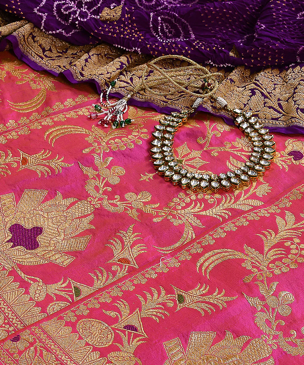 Pink Handloom Kadhwa Meenakari Banarasi Lehenga