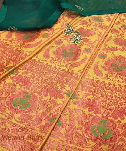 Handloom Mustard And Red Copper Zari Banarasi Lehenga With Meenakari