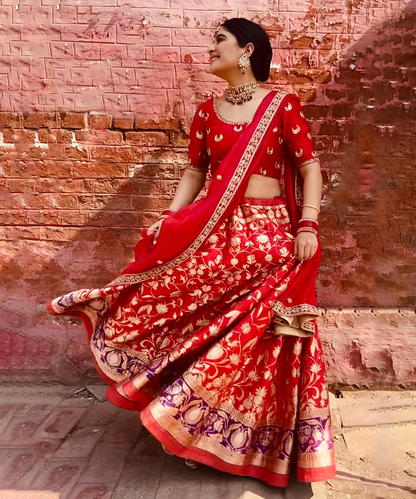 Anshul Chauhan In Red Banarasi Handloom Lehenga Set - Pre Order Stitched