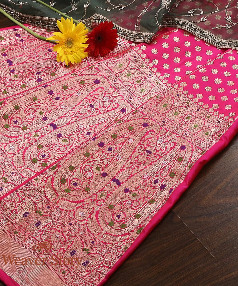 Handloom Pink Kadhwa Banarasi Lehenga With Meenakari