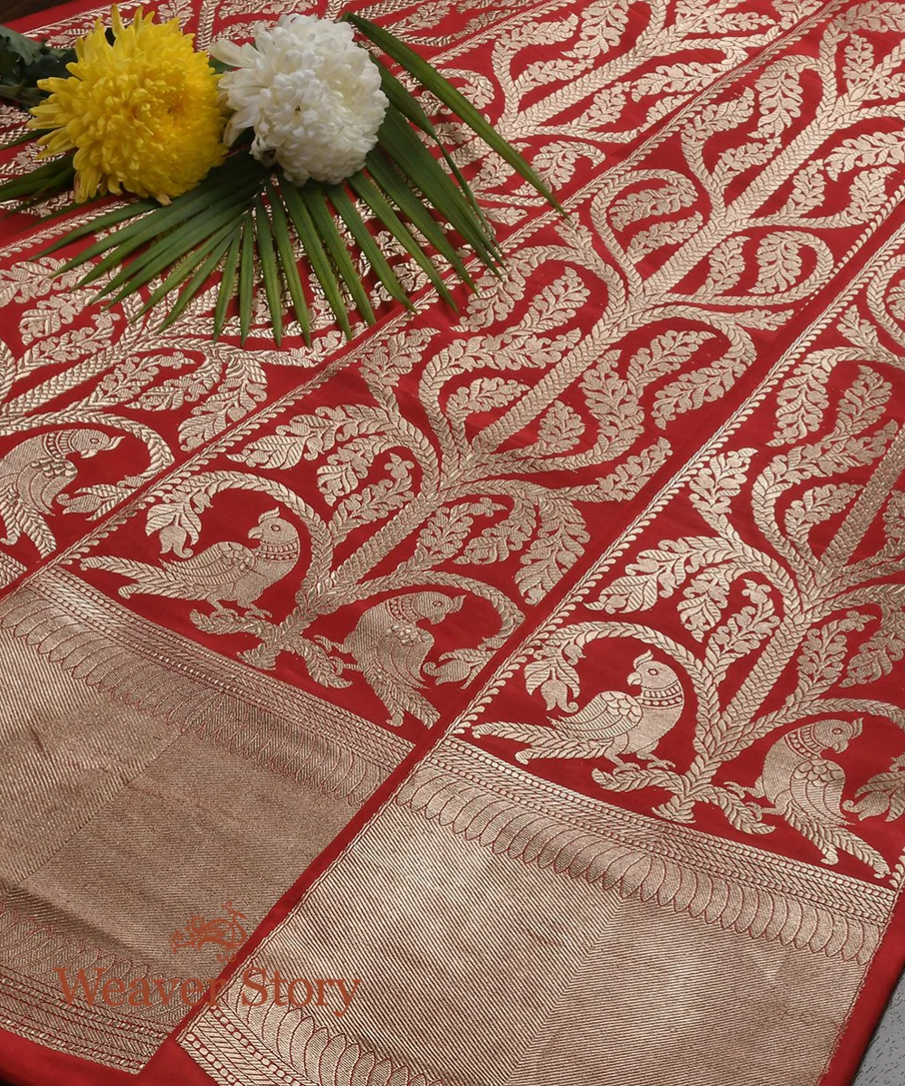 Red Handloomed Kadhwa Banarasi Silk Lehenga With Parrots