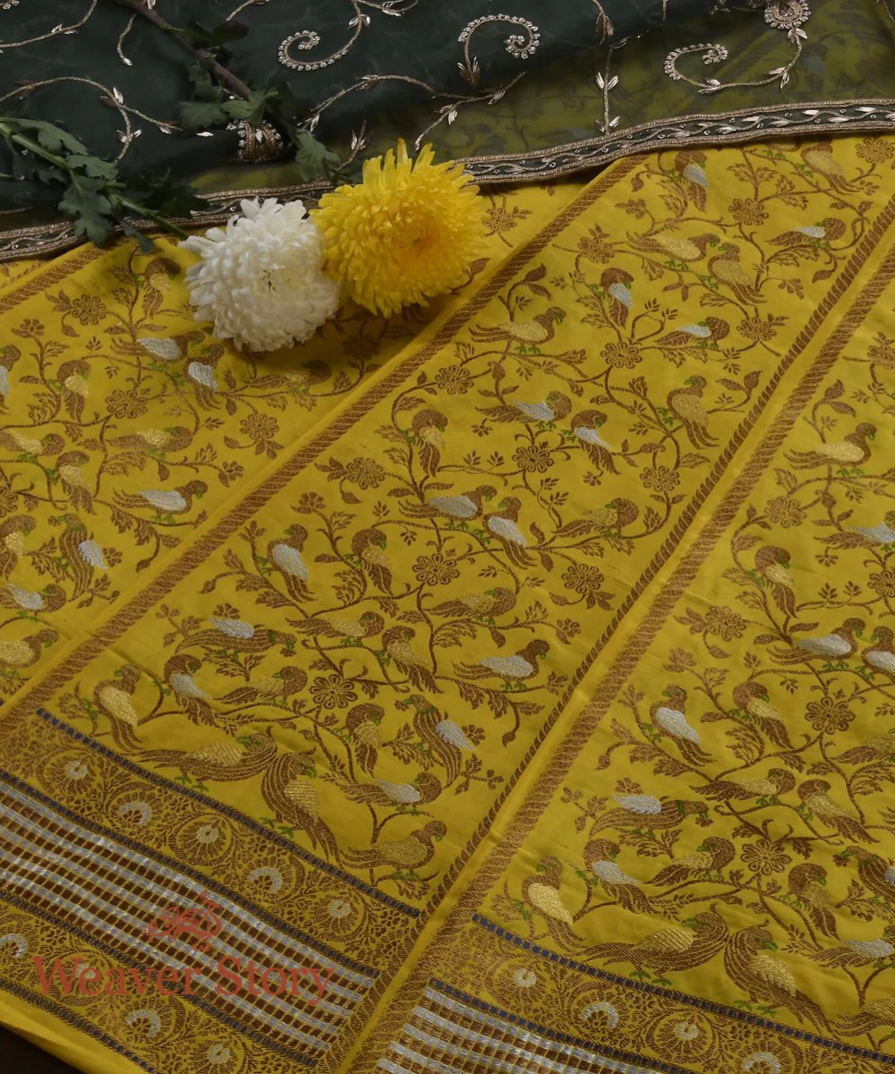 Handloom Yellow Meenakari Silk Banarasi Lehenga With Parrots