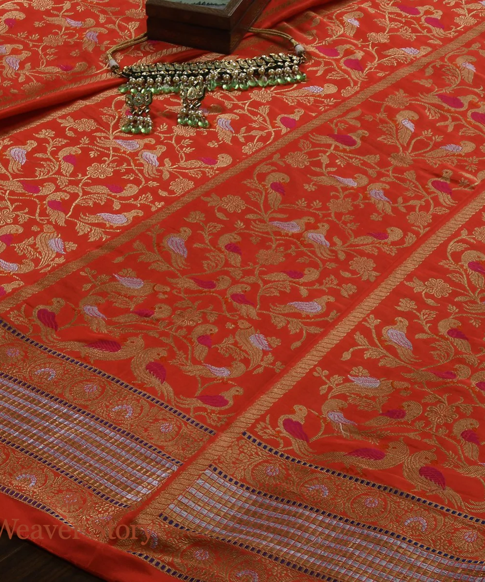 Handloom Orange Meenakari Silk Banarasi Lehenga With Birds