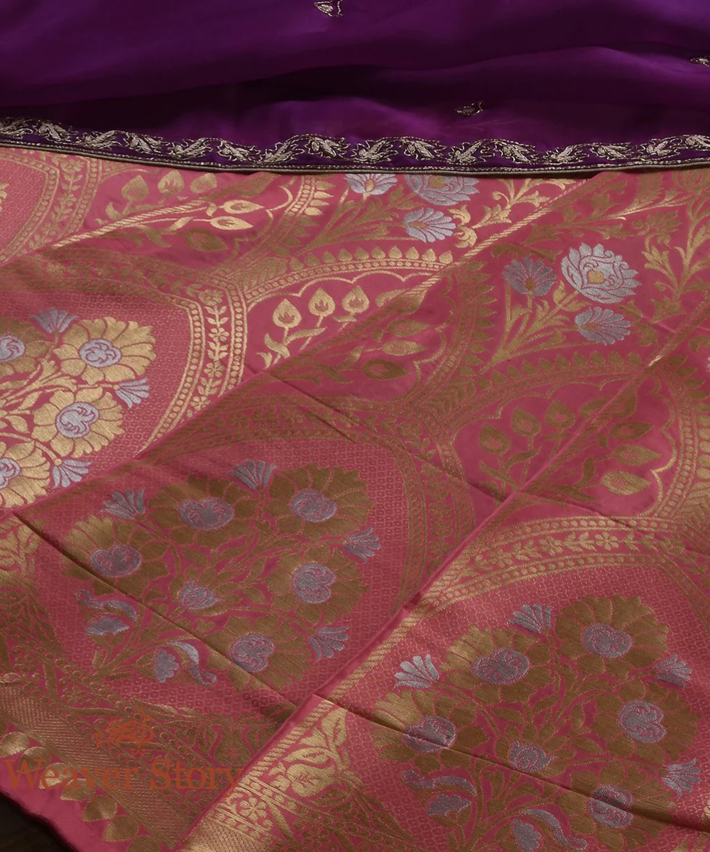 Handloom Rose Pink Cutwork Katan Silk Banarasi Lehenga